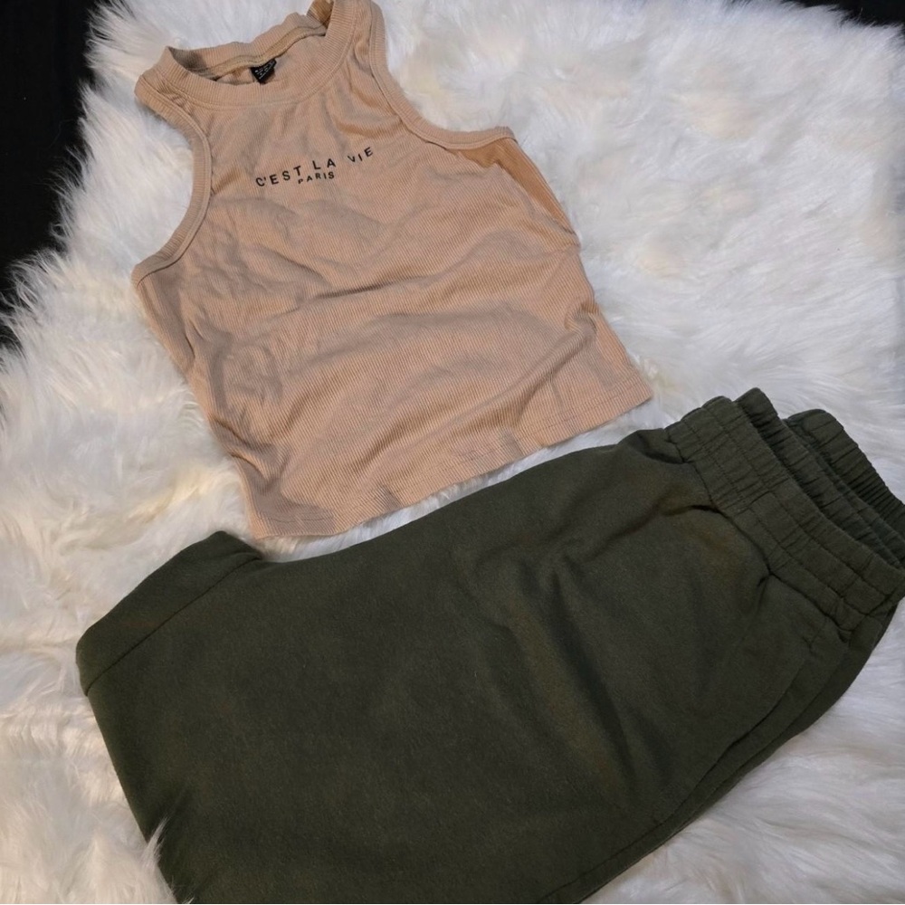 C'est La Vie Tank Tan Top and Olive Pants Set size S